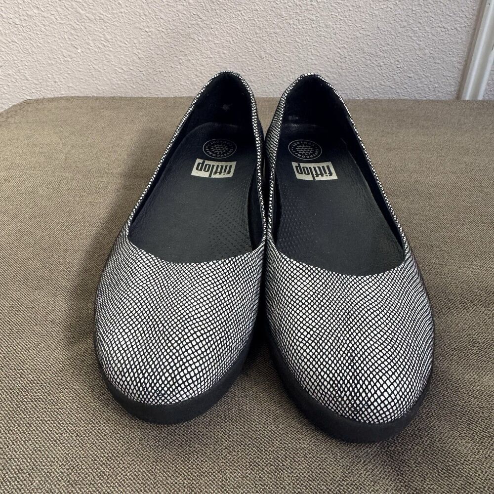 FitFlop Super Ballerina Ballet Flats Black Foil Comfort Slip On Womens 6.5 - Picture 3 of 9